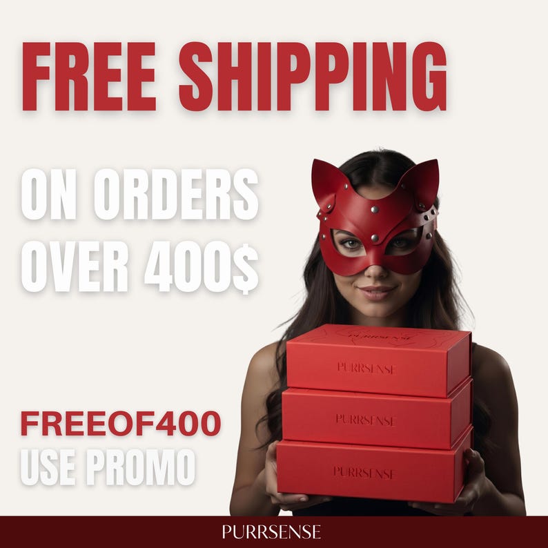 May include: A woman wearing a red cat-ear mask holds three red boxes. The boxes have the word "PURRSENSE" printed on them. The image also contains the text "FREE SHIPPING ON ORDERS OVER 400$" and "FREE OF 400 USE PROMO".