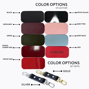 May include: Image showcasing leather color options: black, burgundy, green, patent cherry red, patent red, patent black, baby pink, baby blue, and red. Also, color options for trims: gold and silver. The text "PURRSENSE" is visible on a red leather swatch.