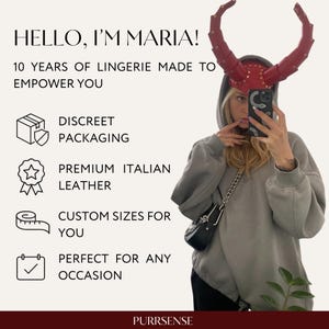 May include: Image features text that reads "HELLO, I'M MARIA!" and "10 YEARS OF LINGERIE MADE TO EMPOWER YOU." Additional text includes "DISCREET PACKAGING," "PREMIUM ITALIAN LEATHER," and "CUSTOM SIZES FOR YOU." A person is wearing a red horned headpiece.