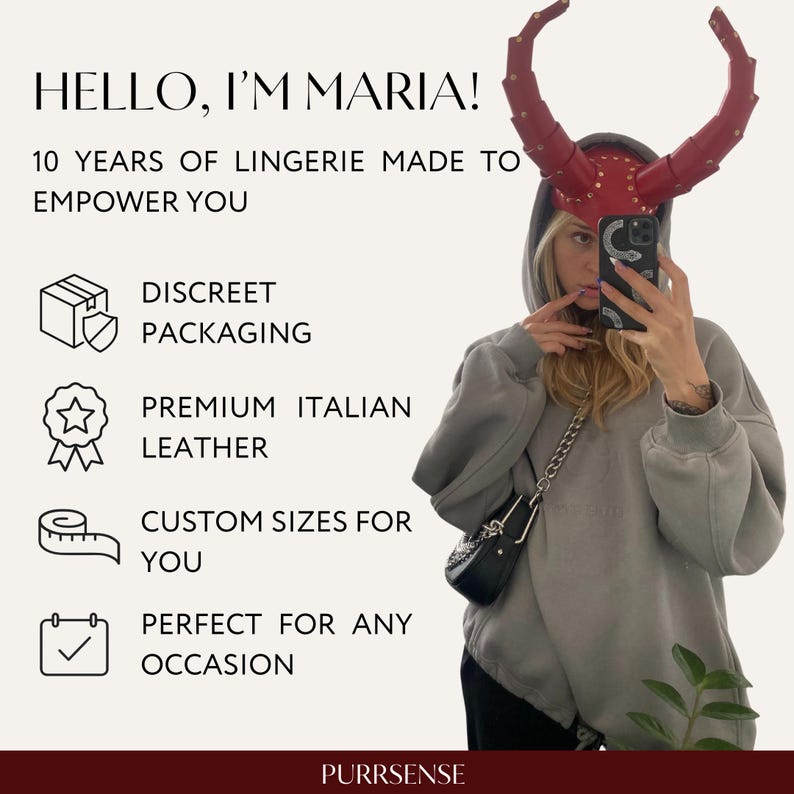 May include: Image features text that reads "HELLO, I'M MARIA!" and "10 YEARS OF LINGERIE MADE TO EMPOWER YOU." Additional text includes "DISCREET PACKAGING," "PREMIUM ITALIAN LEATHER," and "CUSTOM SIZES FOR YOU." A person is wearing a red horned headpiece.