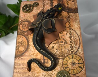 Polymer Clay Black Dragon on Altered Paper Mache Box - Steampunk Dragon - Black Dragon - Dragon Storage - Steampunk Box - 1-110