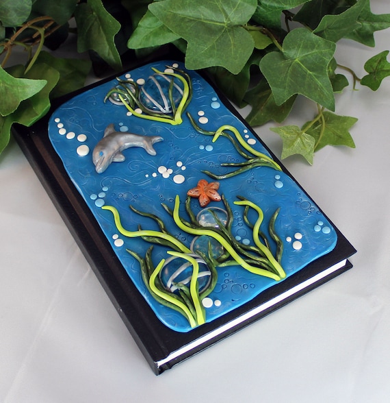 Sketchbook with Cork and sea spirit polymer clay cover JOURNAL