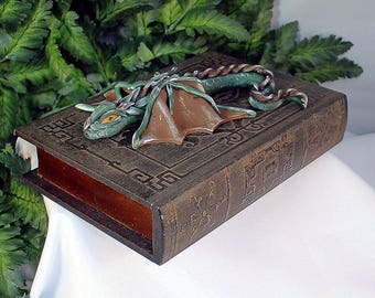 Polymer Clay Green and Brown Dragon Book - Dragon Storage - Dragon Sculpture - Dragon Book - Polymer Clay Dragon - Green Dragon Book - 1-079