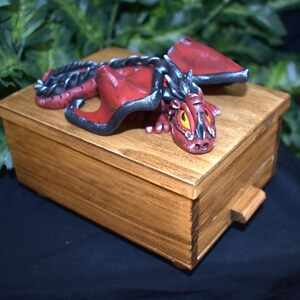 Polymer Clay Dragon Dragon on Wood Jewelry Box - Dragon Box - Dragon Storage - Dragon Sculpture - Polymer Clay Red Dragon - Jewelry - 1-103