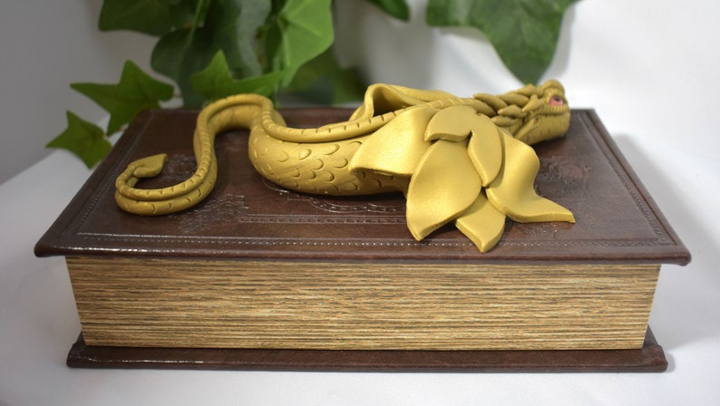 Polymer Clay Gold Dragon Book Dragon Book Dragon Storage OOAK Dragon Sculpture Polymer Clay Dragon Gold Clay Dragon 1-116 image 2