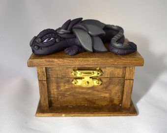 Tiny Polymer Clay Dragon on Wood Box - Dragon Box - Dragon Storage - Dragon Sculpture - Small Polymer Clay  Dragon - 1-109