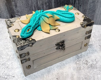 NEW Polymer Clay Teal Dragon on Chest - Dragon Chest - Teal and Gold Dragon - Dragon Storage - Teal and Gold Dragon Chest - 1-122