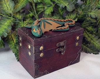Polymer Clay Green and Brown Dragon Chest - Dragon Chest - Green Dragon - Dragon Storage - Green and Brown Dragon Chest - 1-031