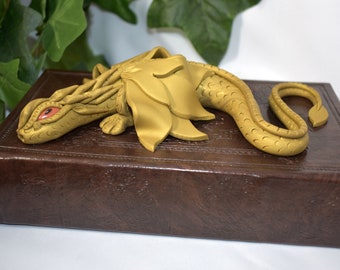 Polymer Clay Gold Dragon Book - Dragon Book - Dragon Storage - OOAK - Dragon Sculpture - Polymer Clay Dragon - Gold Clay Dragon - 1-116