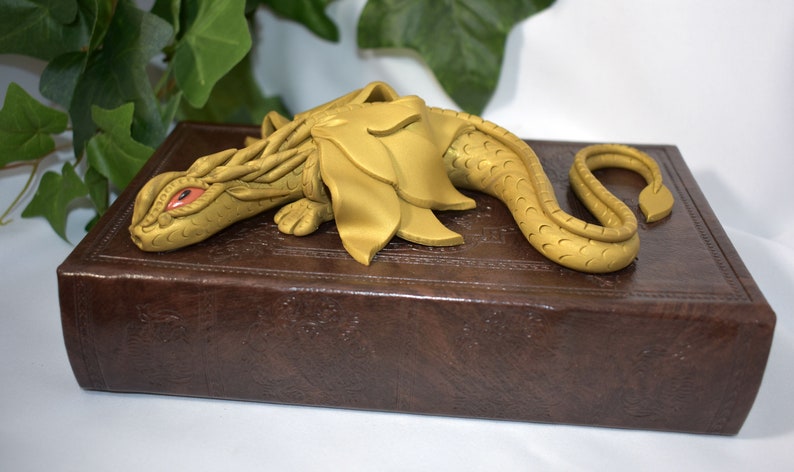 Polymer Clay Gold Dragon Book Dragon Book Dragon Storage OOAK Dragon Sculpture Polymer Clay Dragon Gold Clay Dragon 1-116 image 1