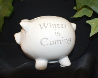 White Ceramic Piggy Bank - Winter is Coming - Small Piggy Bank - Decorated Piggy Bank - Ceramic - Winter Piggy Bank - Piggy Bank - 9-010D