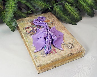 Polymer Clay Purple Dragon on Book - Dragon Sculpture - Dragon Book - Dragon Storage - Purple Dragon - Purple Dragon Sculpture - 1-068