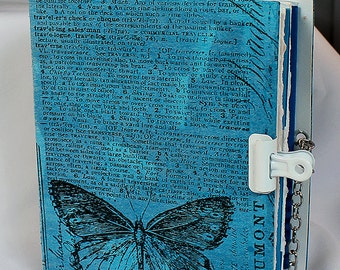 Handmade Blue Art Journal Small - Mixed Media Journal - Journal w/pocket - Blue Journal - Small Art Journal - Butterfly Art Journal - 4-012