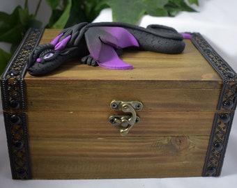 Polymer Clay Black Dragon on Chest - Dragon Chest - Black Dragon - Dragon Storage - Black and Purple Dragon on Chest - 1-115