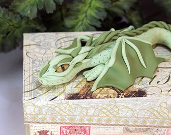 Polymer Clay Green Dragon on Pencil Box - Dragon Sculpture - Dragon Box - Green Dragon - Dragon Storage - Polymer Clay Sculpture Box - 1-046