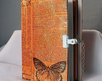Handmade Art Journal - Mixed Media Art Journal - Art journal with pockets - Orange Art Journal - Butterfly art journal - Art Book - 4-015