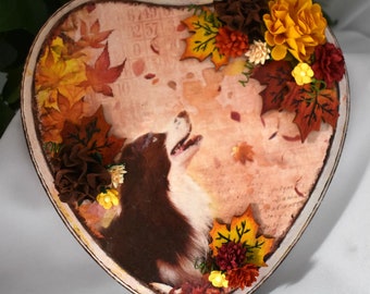 Ciao Bella Ariel and Leaves Heart Plaque - The Sound of Autumn - Ciao Bella - Mixed Media Box - Dog - Rice Paper Decorative Plaque - 7-061