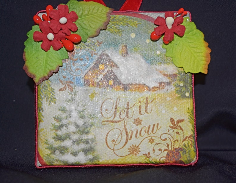 3 x 3 Rice Paper Mixed Media Canvas Mixed Media Canvas 11-010 Ornament Canvas Small Christmas Ornament Handmade Christmas Canvas