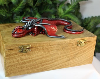 Polymer Clay Red and Black Dragon on Natural Wood Box - Dragon Box - Dragon Storage - Dragon Sculpture - Polymer Clay Red Dragon - 1-089