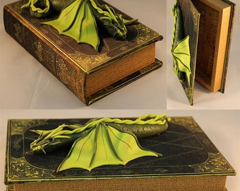 Polymer Clay Green Dragon on Book - Dragon Book - Dragon Storage - OOAK - Dragon Sculpture - Polymer Clay Dragon - 1-045