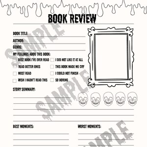 May include: A printable book review template with a spooky theme. The template includes sections for book title, author, genre, story summary, best moments, worst moments, and favorite quotes. There are also checkboxes for rating the book and a picture frame for drawing.