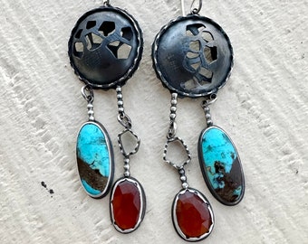 Early Autumn Pierced Sterling Silver Hollow forms with Turquoise and Hessonite Garnet