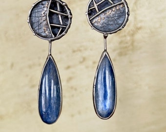 Mixed Metal Open Hollow Form with Kyanite Teardrops Earrings