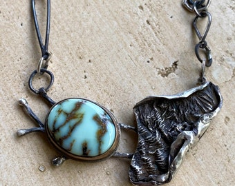 Uncovered Reticulated Silver Hollow Form and Variscite Sterling Silver Necklace
