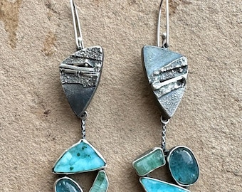 Convertible Cluster Sterling Silver Hollow Form and Mixed Stone Earrings