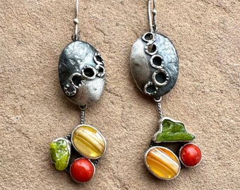 Convertible Cluster Sterling Silver Hollow Form and Mixed Stone Earrings
