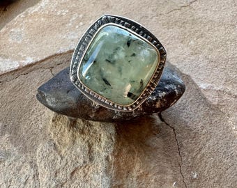 Depth Mixed Metal and Tourmalinated Prehnite Statement Ring