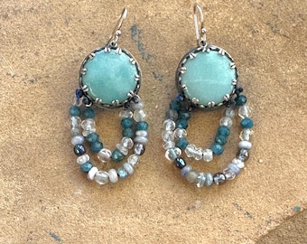 Blue Garlands Sterling Silver, Amazonite and Mixed Gems Earrings
