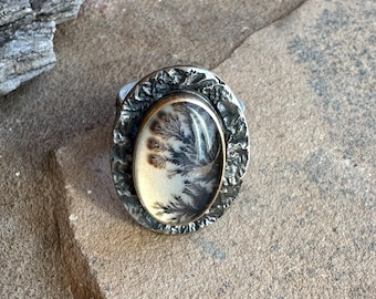 Just Before the Bloom Dendritic Agate Doublet With Reticulated Silver Ring