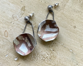 Back to Back Silver and Embedded Brass Hollow Form Post Earrings