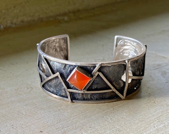 Lattice Reticulated Silver Cuff with Orange Chalcedony