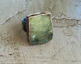 Patch of Green Mixed Metal and Raw Surface Prehnite Statement Ring
