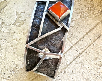 Mountain View Reticulated Silver and Orange Chalcedony Cuff Bracelet