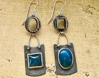 Swell Companions Sterling Silver and Swedish Blue Glass Asymmetrical Earrings