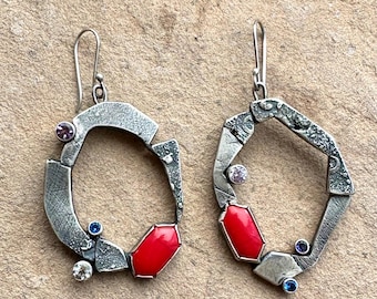 Wreath Sterling Silver Hollow Form and Mixed Stone Earrings