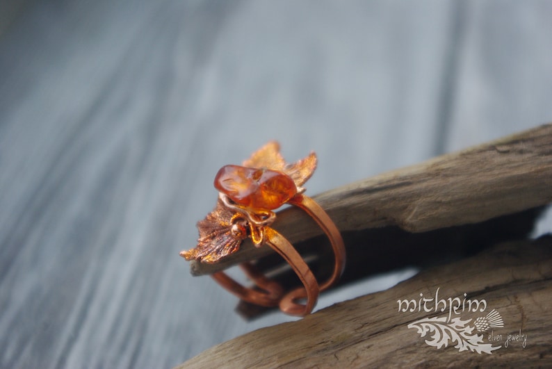 Amber ring with leaves Autumn ring Copper handmade ring Free size ring Elven ring Electroforming Botanical jewelry 7th Anniversary gift idea