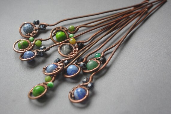 Hammered Copper Blue Seed Beads Hair Pick Hair Pin Hair Bun