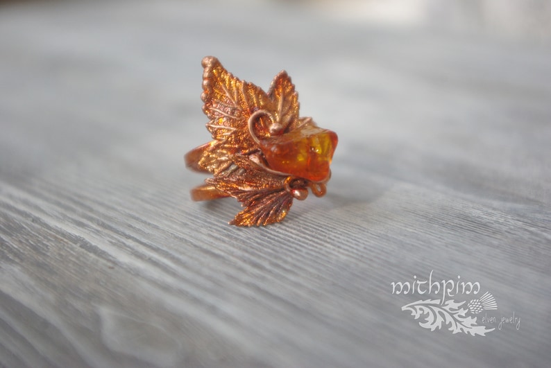 Amber ring with leaves Autumn ring Copper handmade ring Free size ring Elven ring Electroforming Botanical jewelry 7th Anniversary gift idea