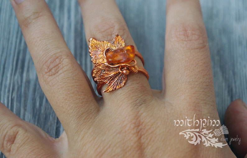 Amber ring with leaves Autumn ring Copper handmade ring Free size ring Elven ring Electroforming Botanical jewelry 7th Anniversary gift idea