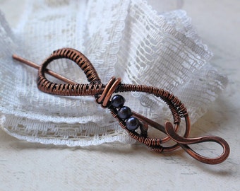 Wire wrapped copper pearl brooch Knitwear pin