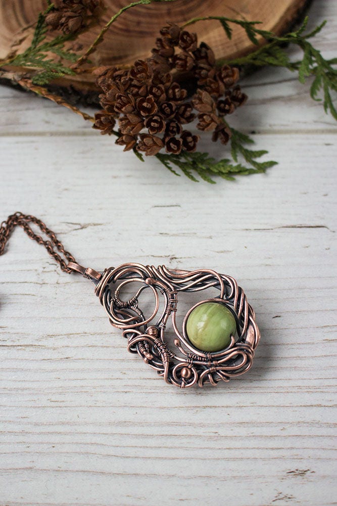 Wire and bead jewelry Wire wrapped pendant with green onyx Etsy