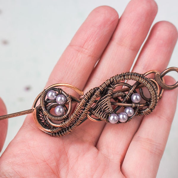 Wire wrapped copper brooch with pearls of swarovski - wire brooch - copper brooch - brooch for knitwears - gift for her