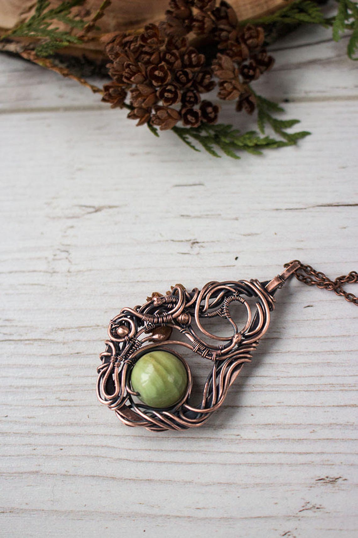 Wire and bead jewelry Wire wrapped pendant with green onyx | Etsy