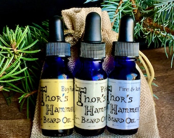 Viking Beard Oil Sampler, Travel Set, Gift Set | Thor's Hammer Bay Rum, Pine & Fire + Ice, Northman Beard Oil Sampler, Yule Gift