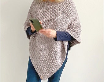 KNITTING PATTERN, ‘Hazy Day Poncho’, adult coat, easy ladies top knit flat, beginner's wrap, diy shawl, winter walking coat, English