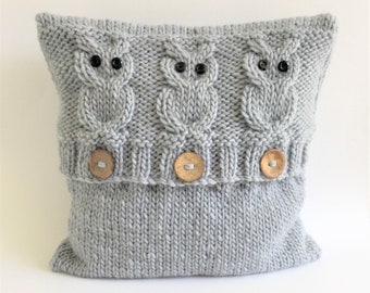 KNITTING PATTERN, '3 Wise Owls', pillow cover with owls, knit flat and sewn up, home decor, nature  throws, English